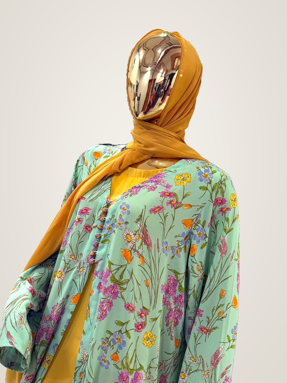 Meadow Bloom Abaya (with hijab) — Mint, Mustard