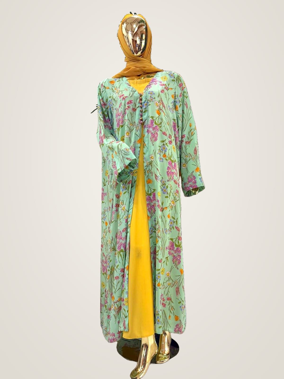Meadow Bloom Abaya (with hijab) — Mint, Mustard