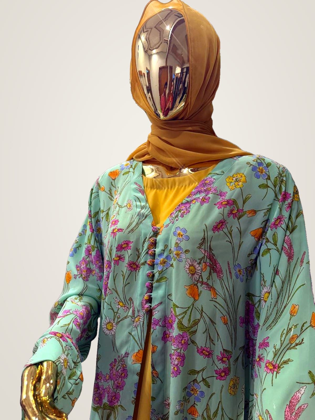 Meadow Bloom Abaya (with hijab) — Mint, Mustard