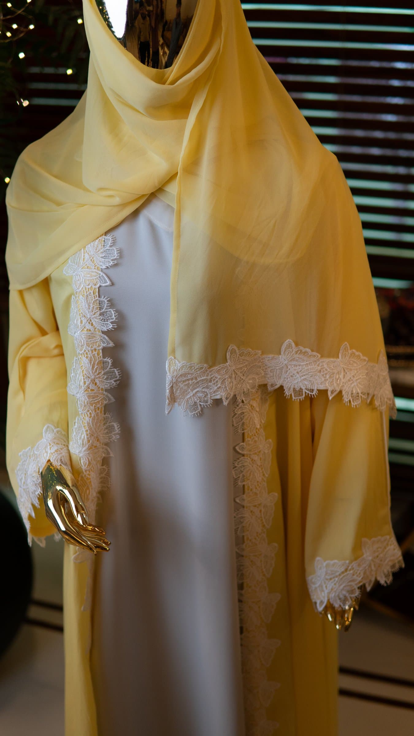 Pale Yellow Boutique Lace Abaya (with hijab) — BA-120