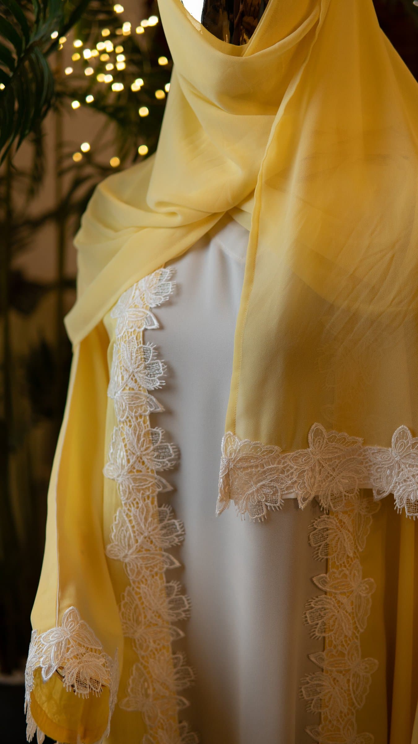 Pale Yellow Boutique Lace Abaya (with hijab) — BA-120
