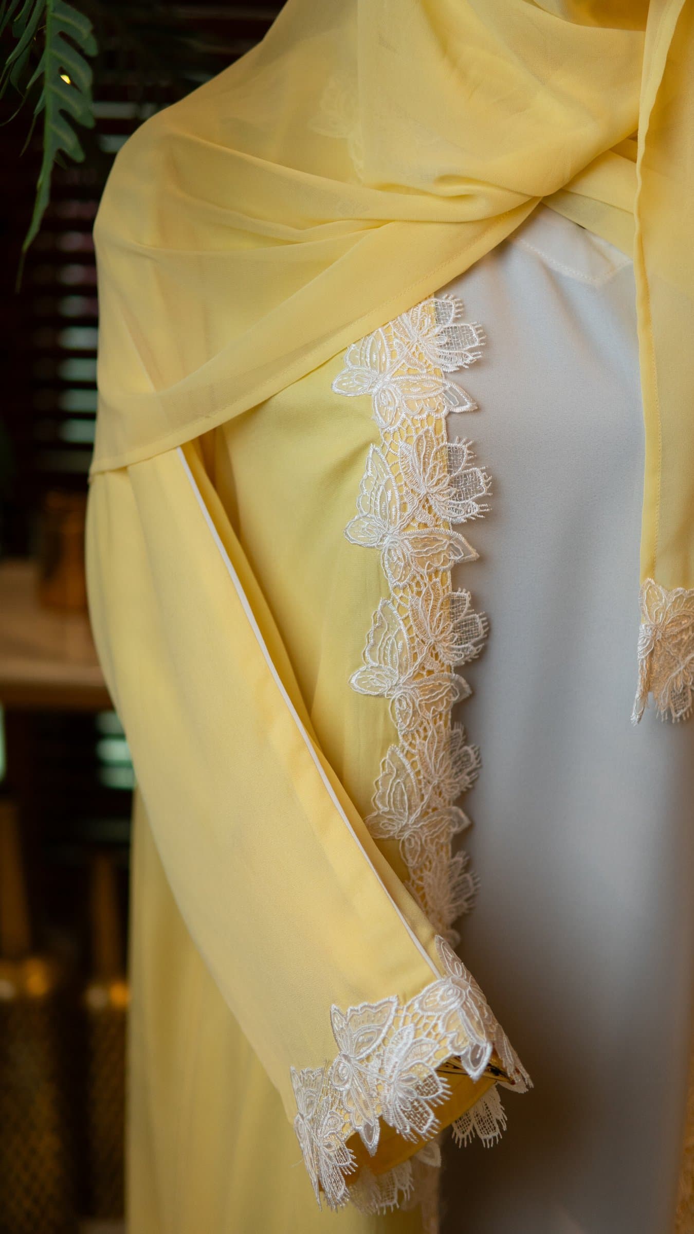 Pale Yellow Boutique Lace Abaya (with hijab) — BA-120