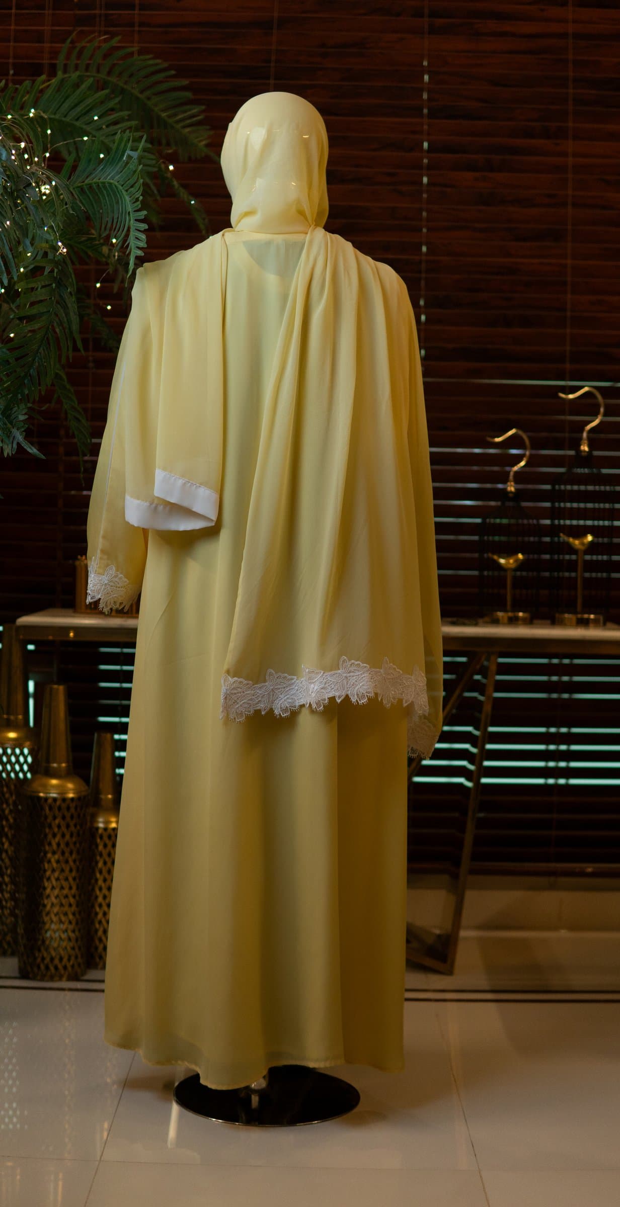 Pale Yellow Boutique Lace Abaya (with hijab) — BA-120