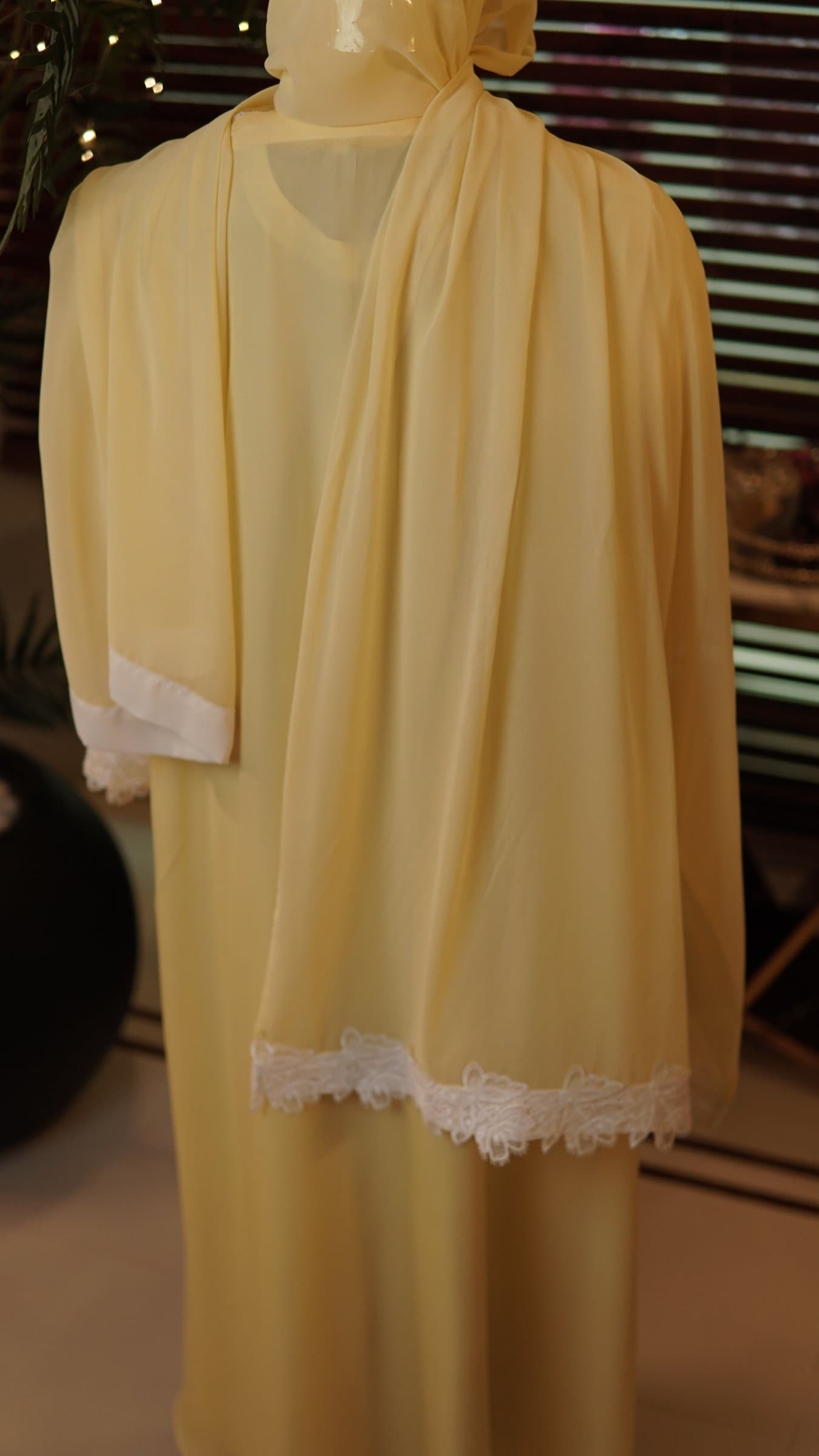 Pale Yellow Boutique Lace Abaya (with hijab) — BA-120