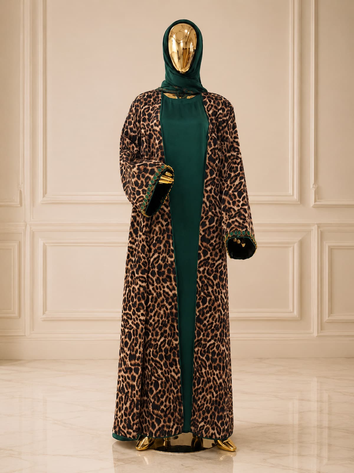 Savannah Leopard Abaya — styled in a studio setting