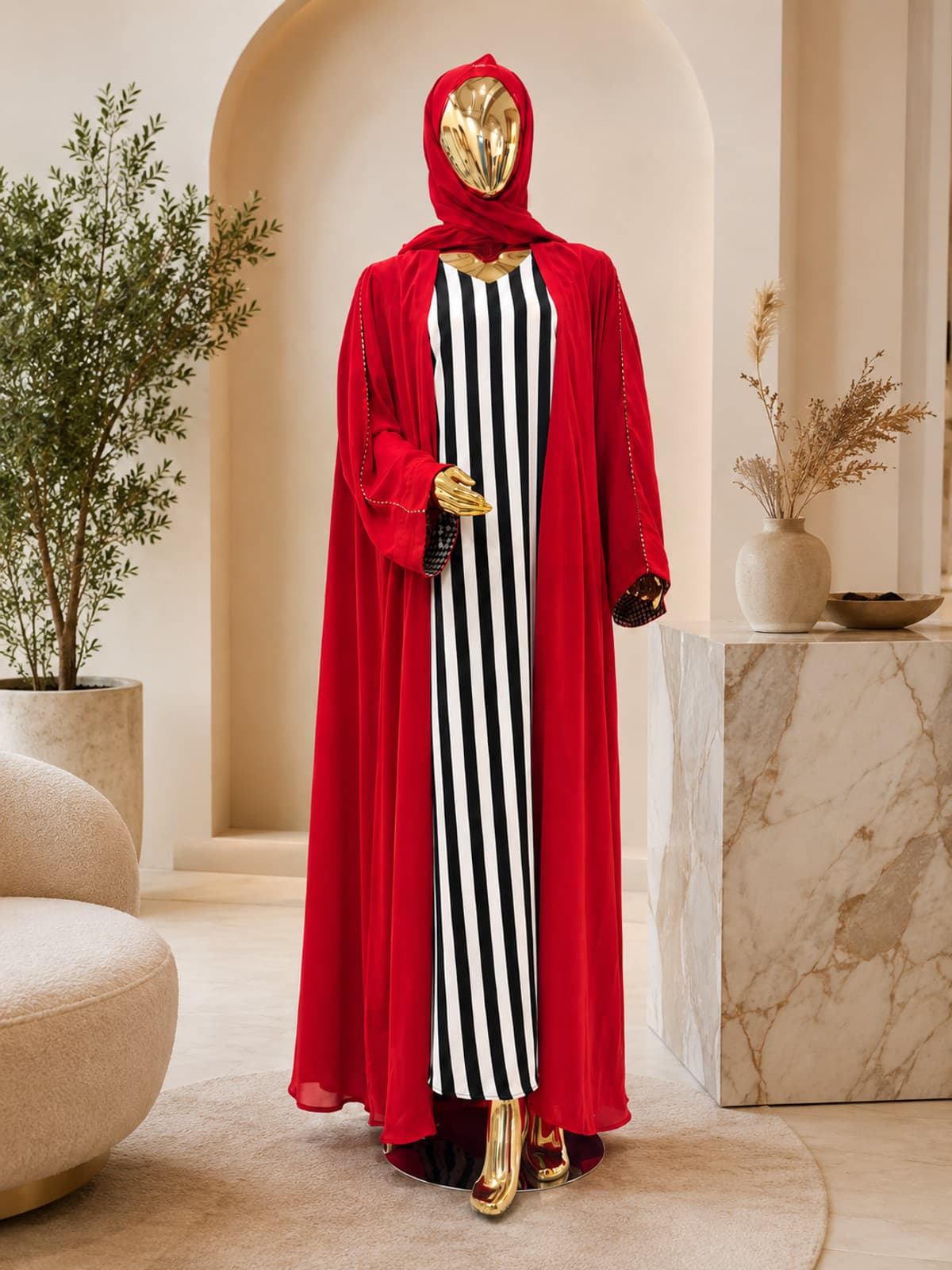 Scarlet Check Abaya — styled in a studio setting