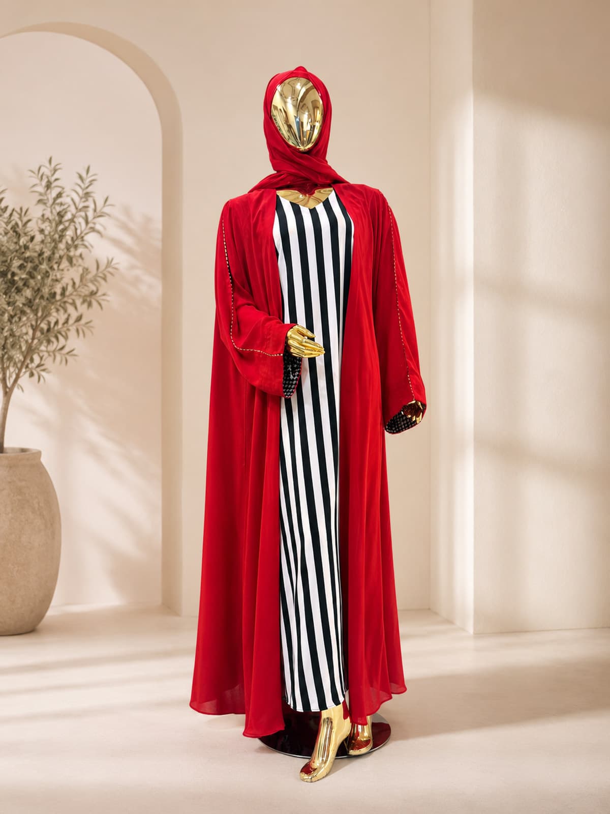 Scarlet Check Abaya — styled in a room setting
