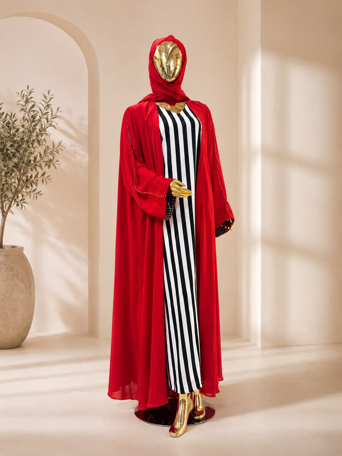 Scarlet Check Abaya — styled in a room setting