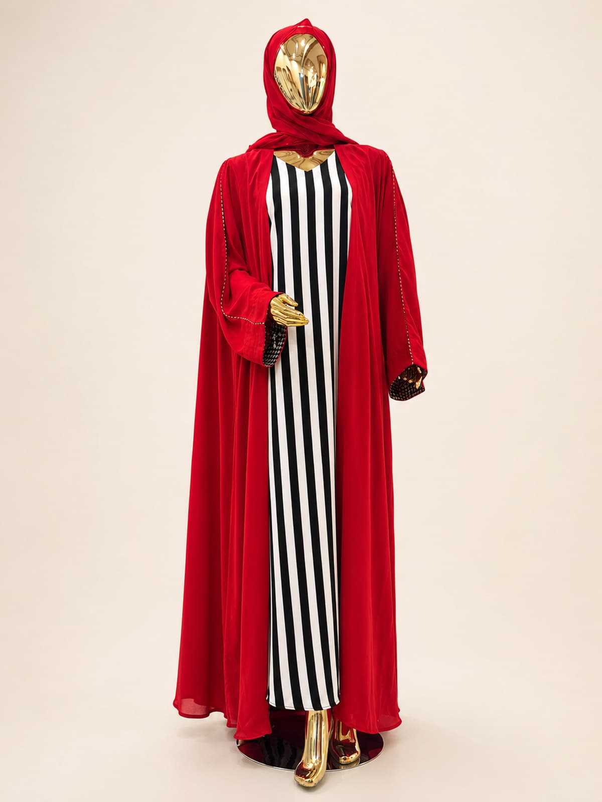 Scarlet Check Abaya — styled in a room setting