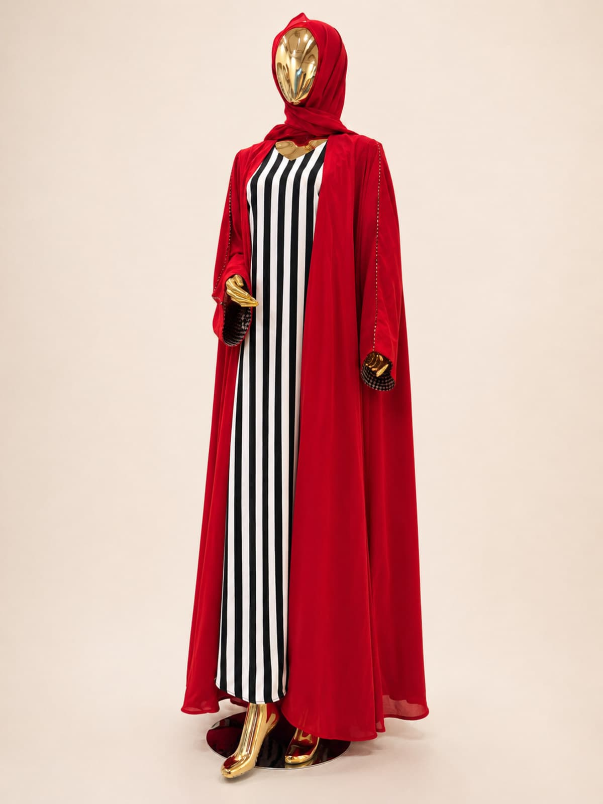 Scarlet Check Abaya — styled in a room setting