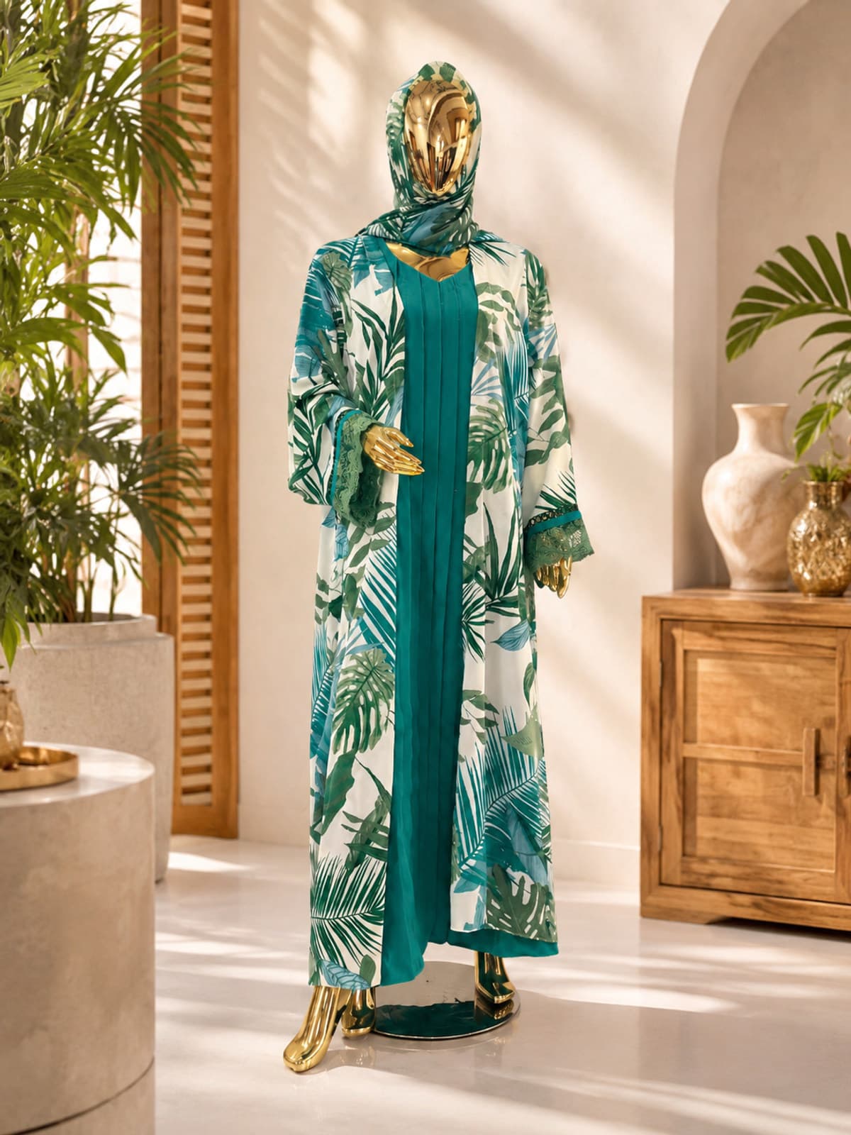 Palm Oasis Abaya (with hijab) — styled in a studio setting