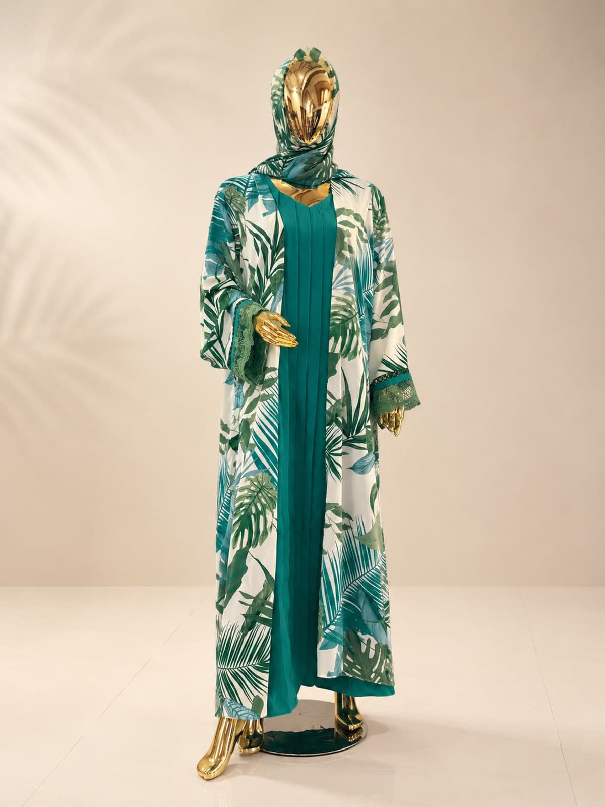 Palm Oasis Abaya (with hijab) — styled in a room setting