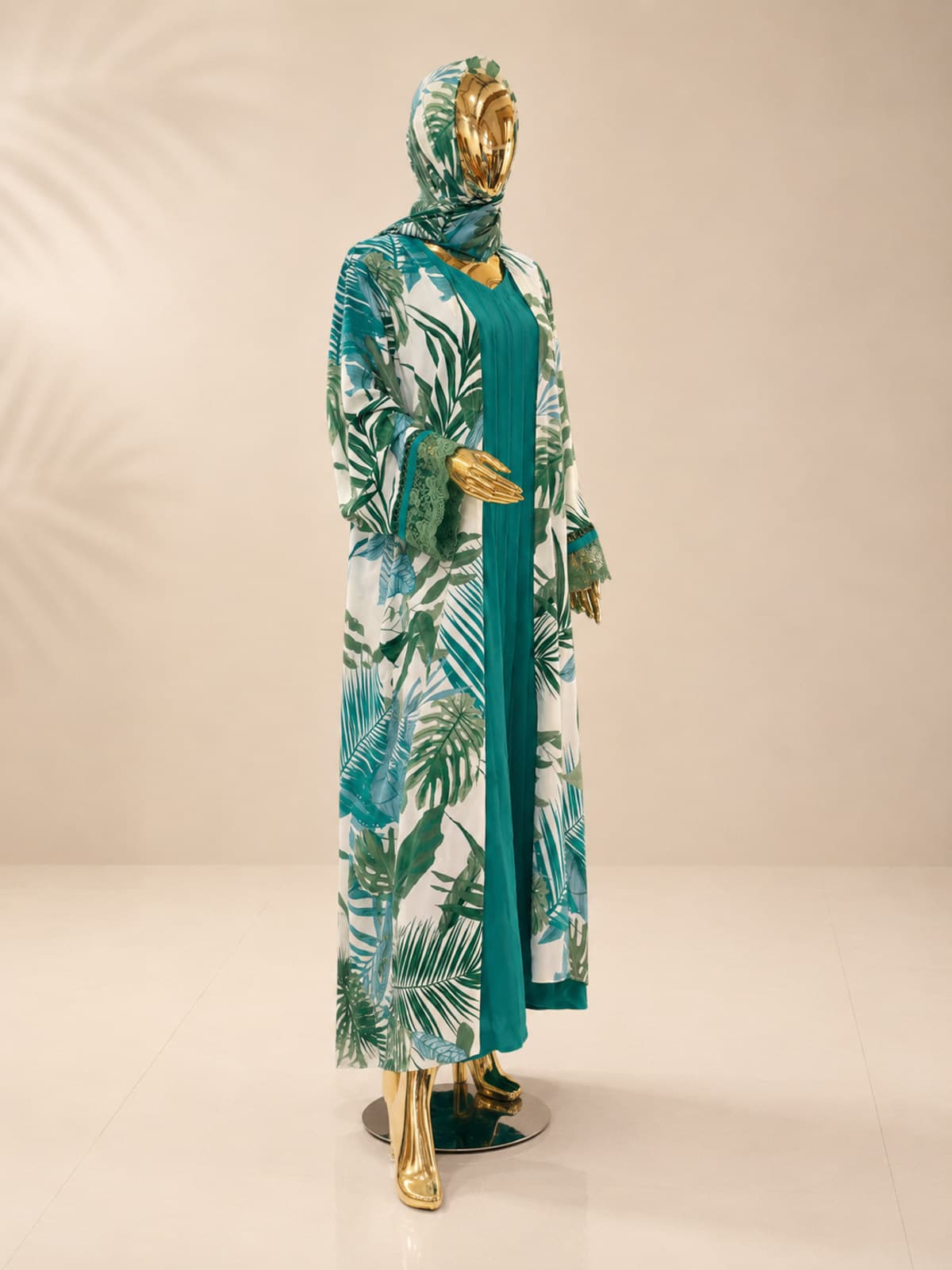 Palm Oasis Abaya (with hijab) — styled in a room setting