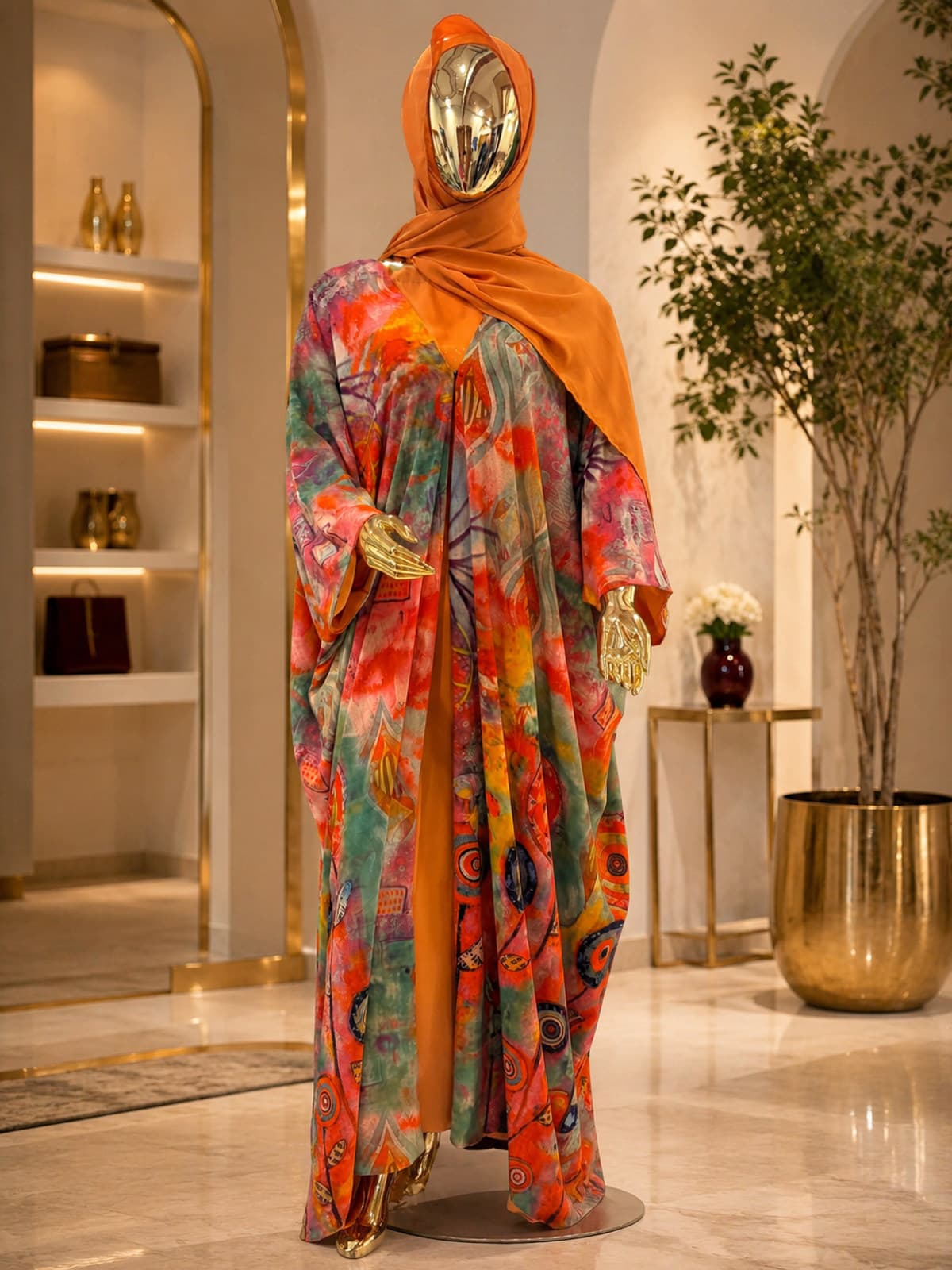 Aurora Watercolour Abaya (with hijab) — styled in a studio setting