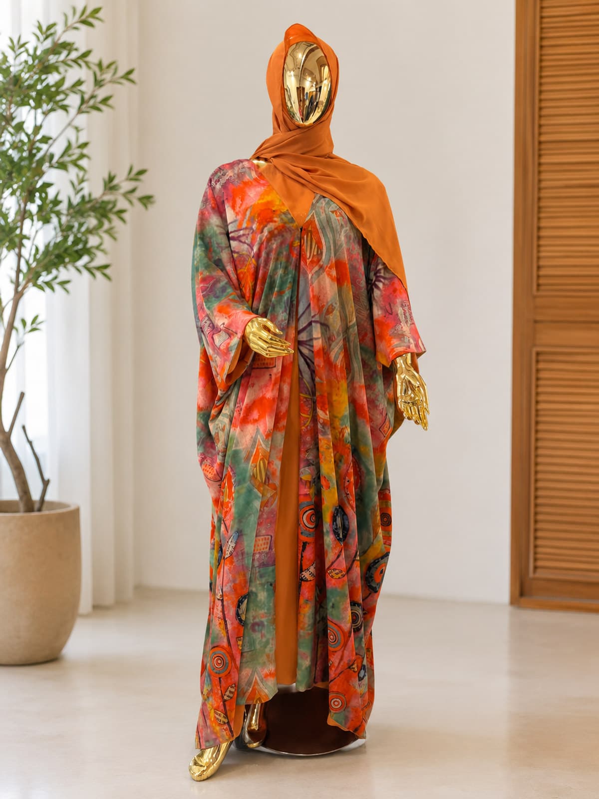 Aurora Watercolour Abaya (with hijab) — styled in a room setting