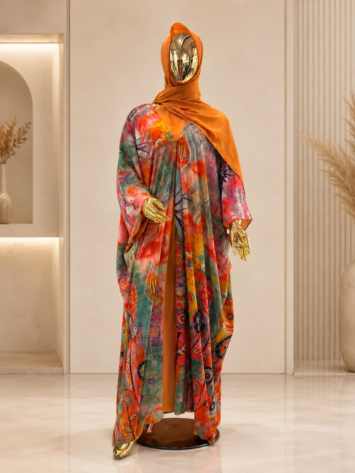 Aurora Watercolour Abaya (with hijab) — styled in a room setting