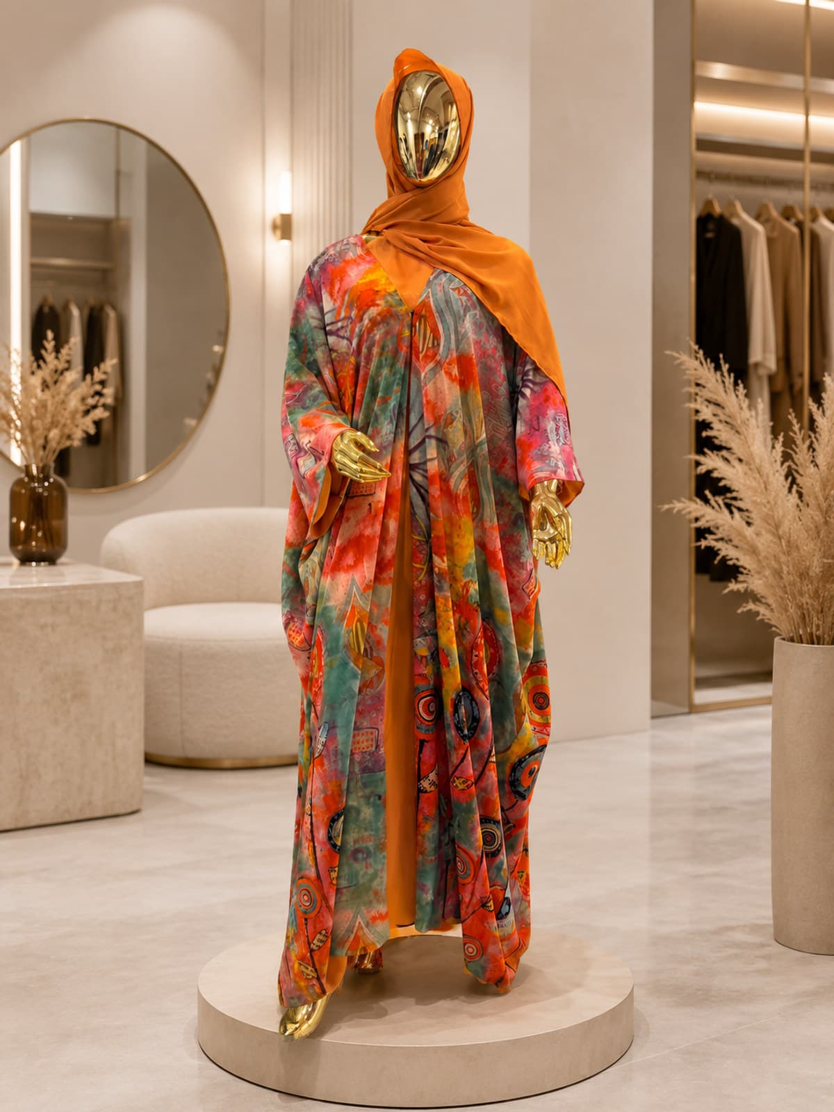 Aurora Watercolour Abaya (with hijab) — styled in a room setting