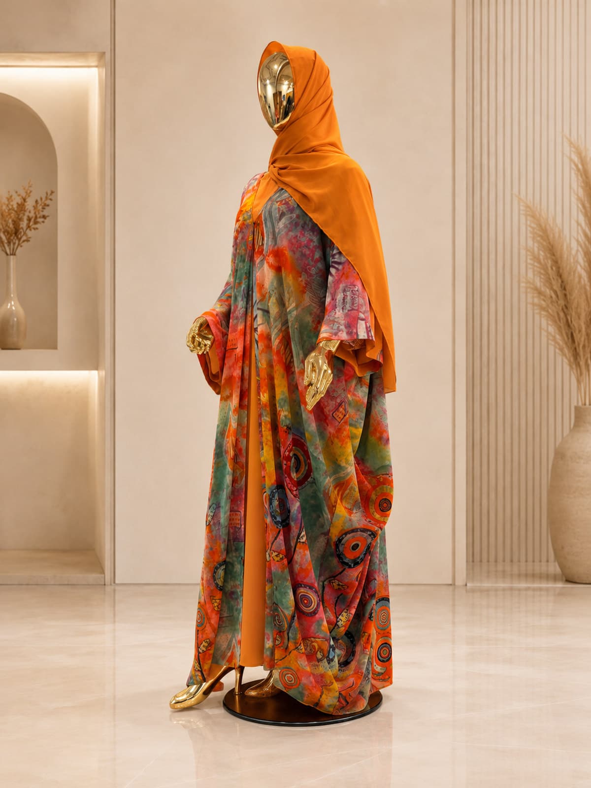 Aurora Watercolour Abaya (with hijab) — styled in a room setting