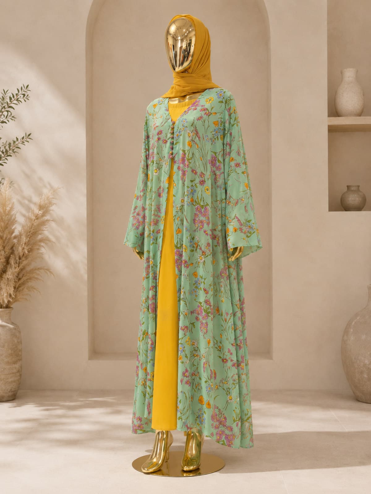Meadow Bloom Abaya (with hijab) — styled in a studio setting
