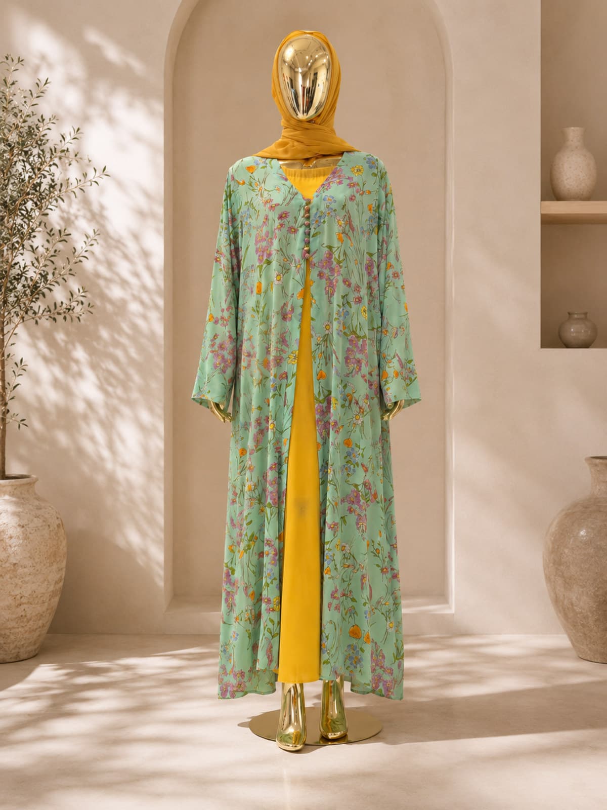 Meadow Bloom Abaya (with hijab) — styled in a room setting