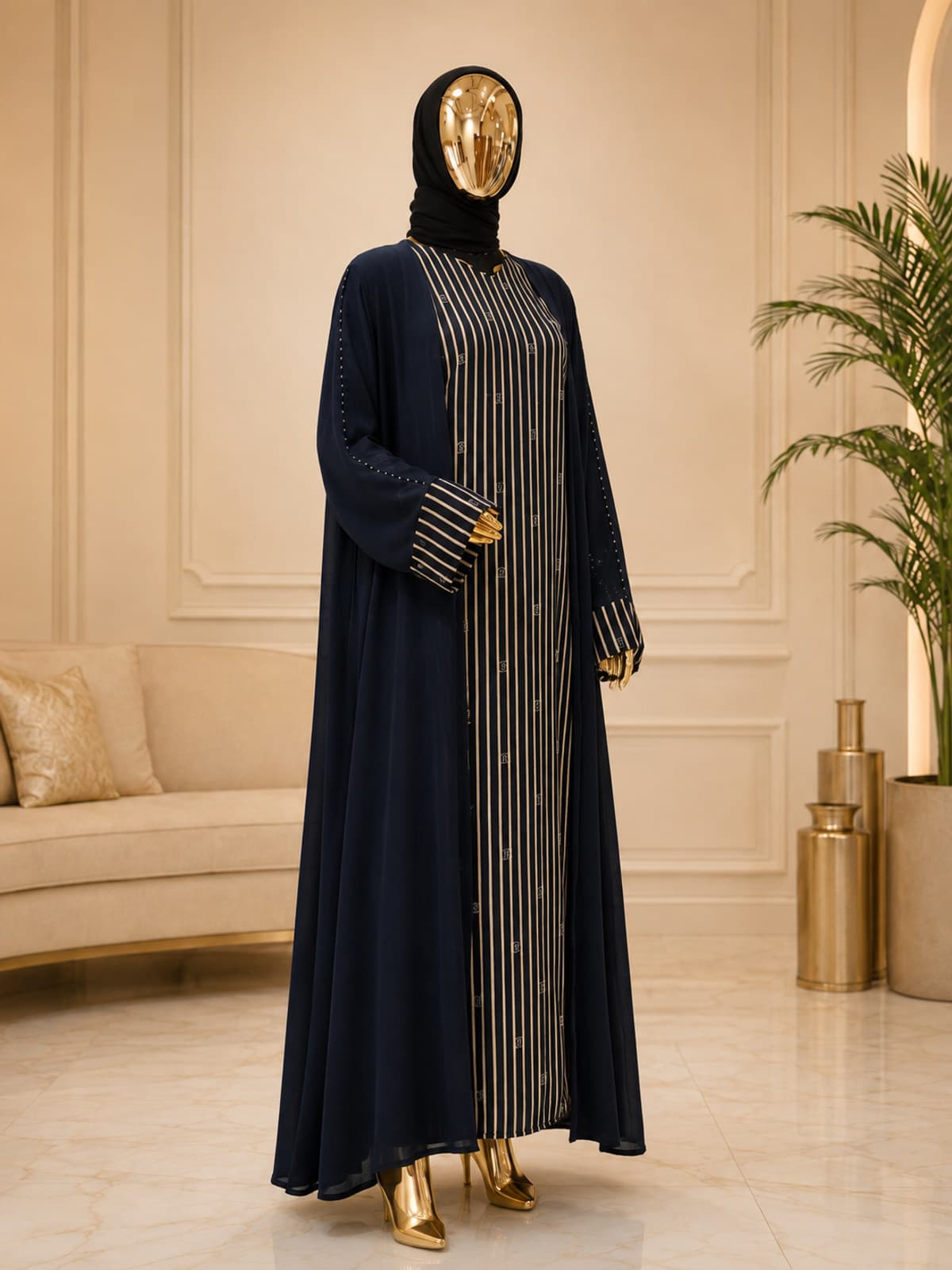 Midnight Pinstripe Abaya — styled in a studio setting