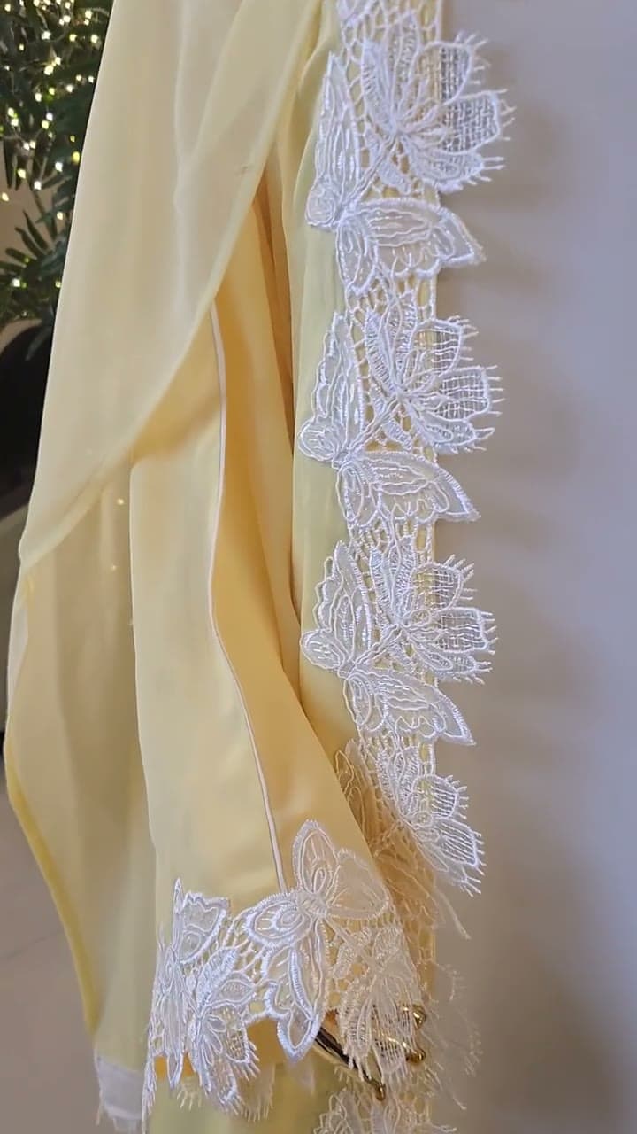Pale Yellow Boutique Lace Abaya (with hijab), product video