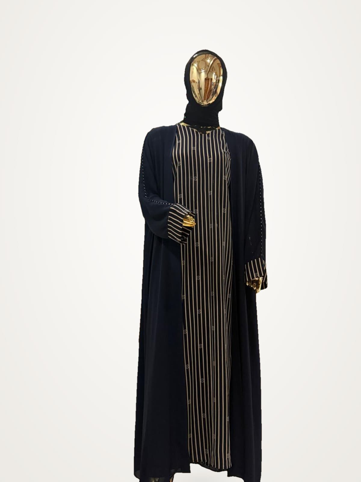 Midnight Pinstripe Abaya — Navy, Gold