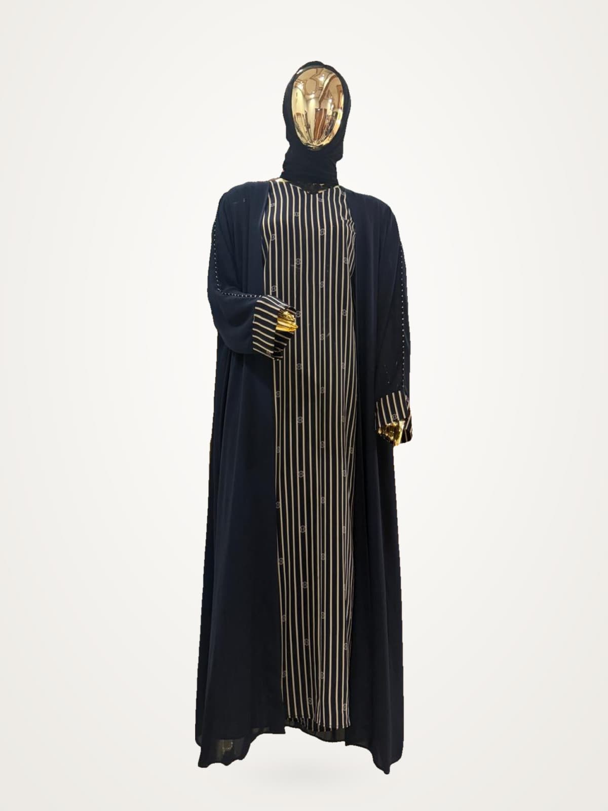 Midnight Pinstripe Abaya — Navy, Gold