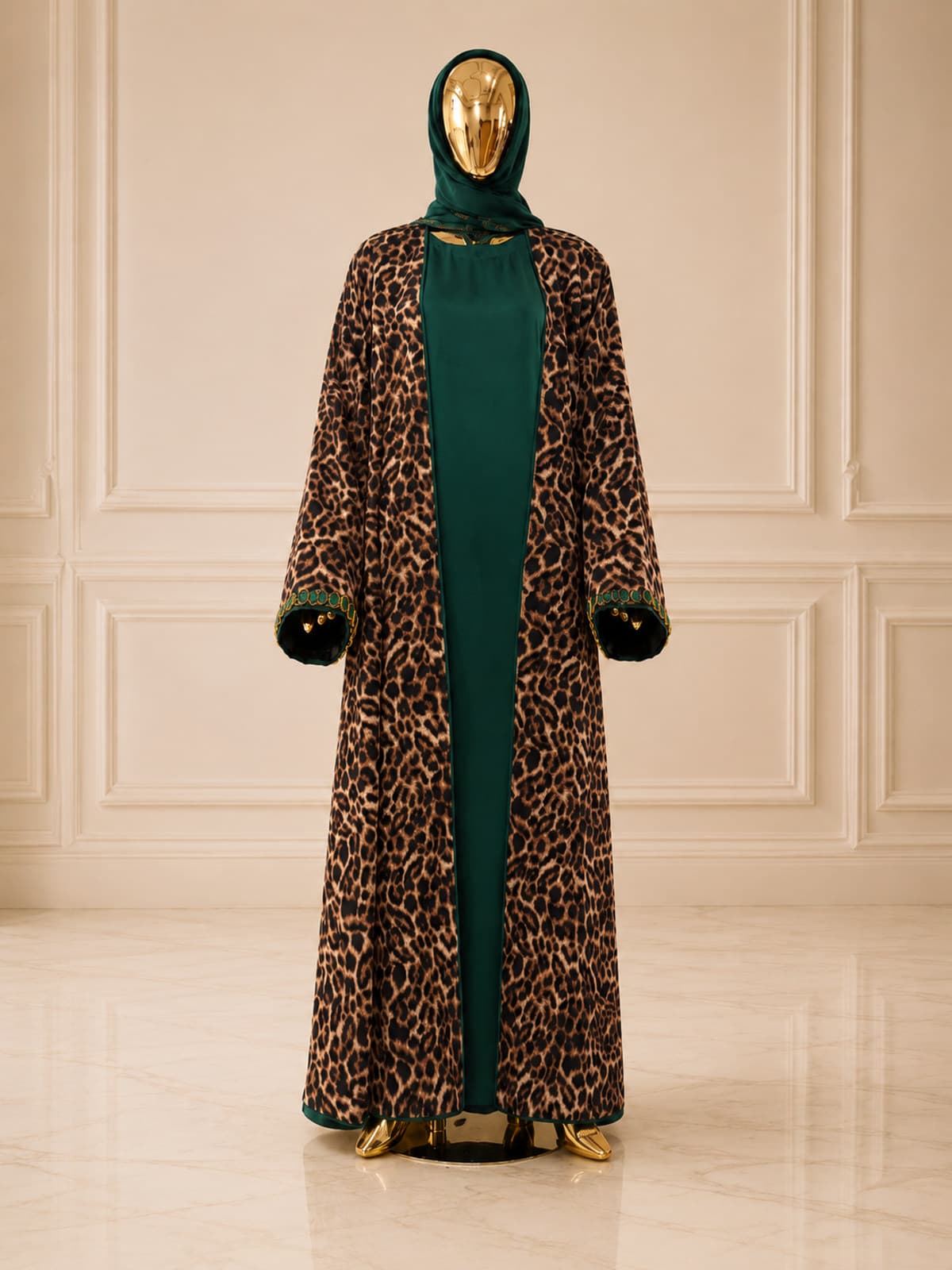 Savannah Leopard Abaya — styled in a room setting