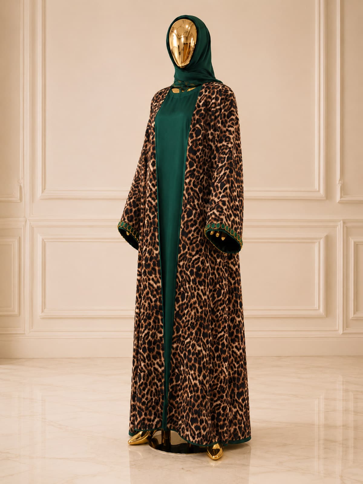 Savannah Leopard Abaya — styled in a room setting