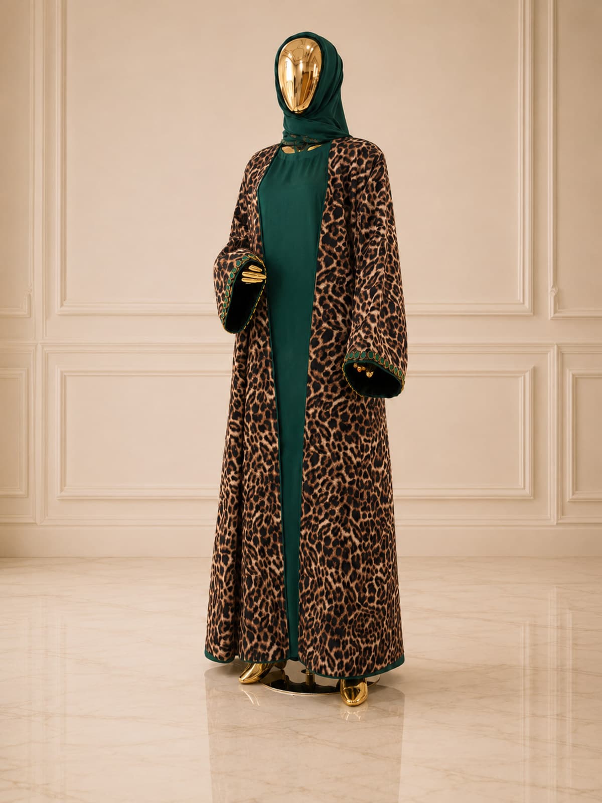 Savannah Leopard Abaya — styled in a room setting