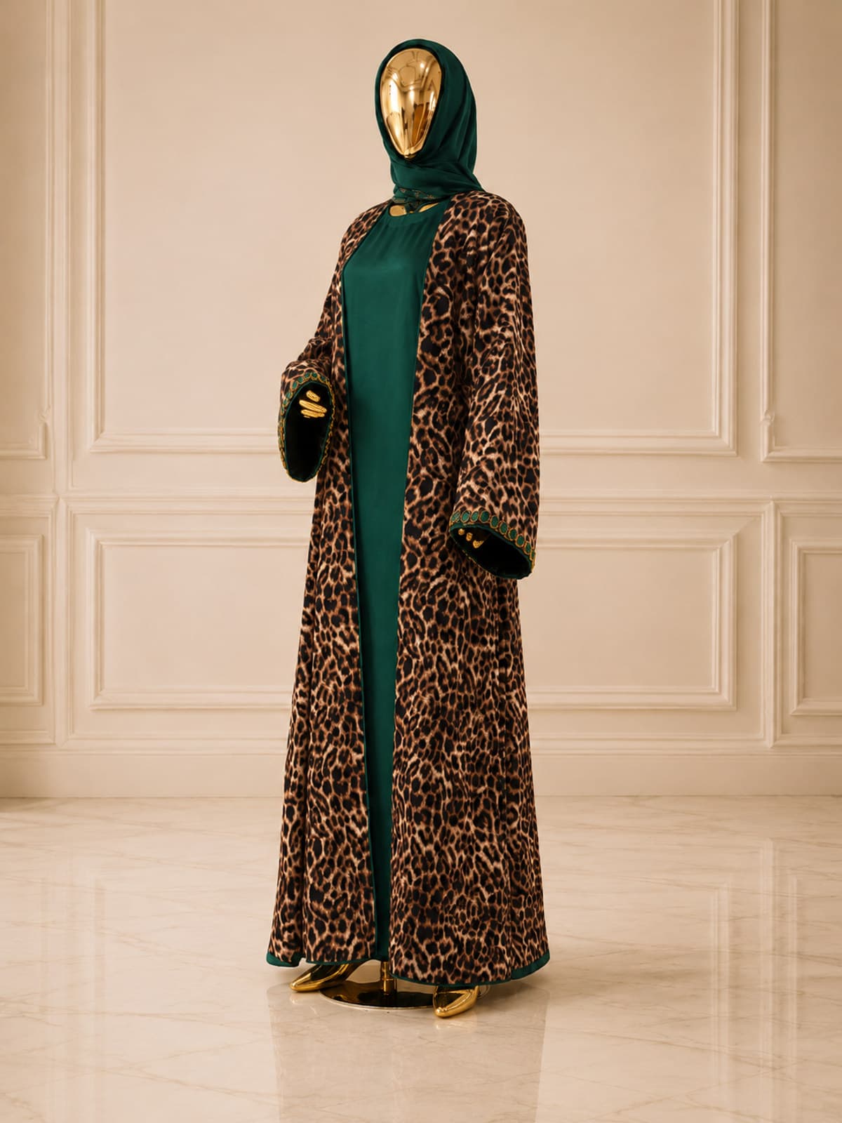 Savannah Leopard Abaya — styled in a room setting