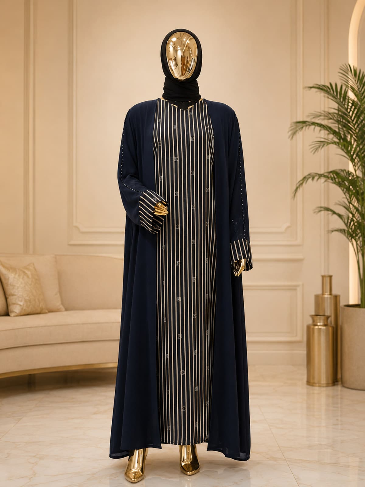Midnight Pinstripe Abaya — styled in a room setting