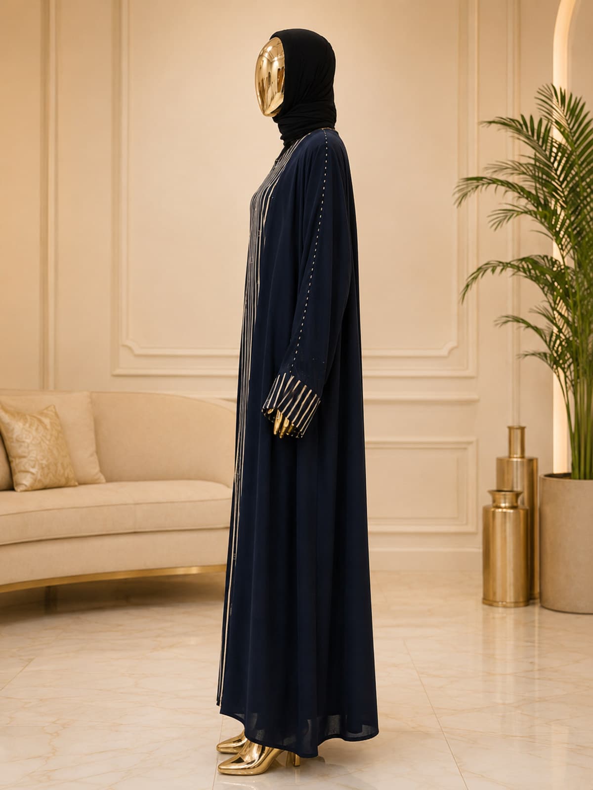 Midnight Pinstripe Abaya — styled in a room setting