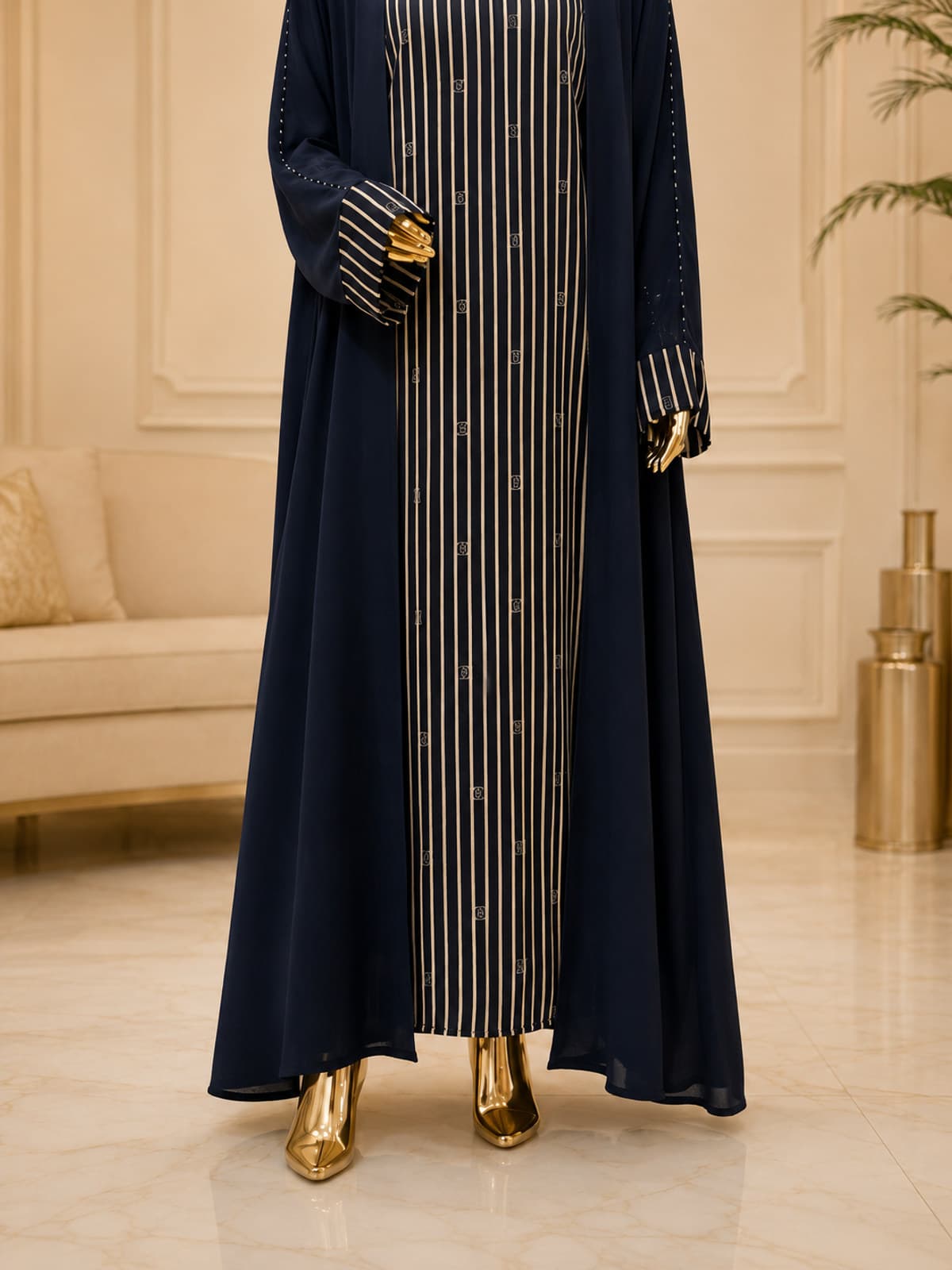 Midnight Pinstripe Abaya — styled in a room setting